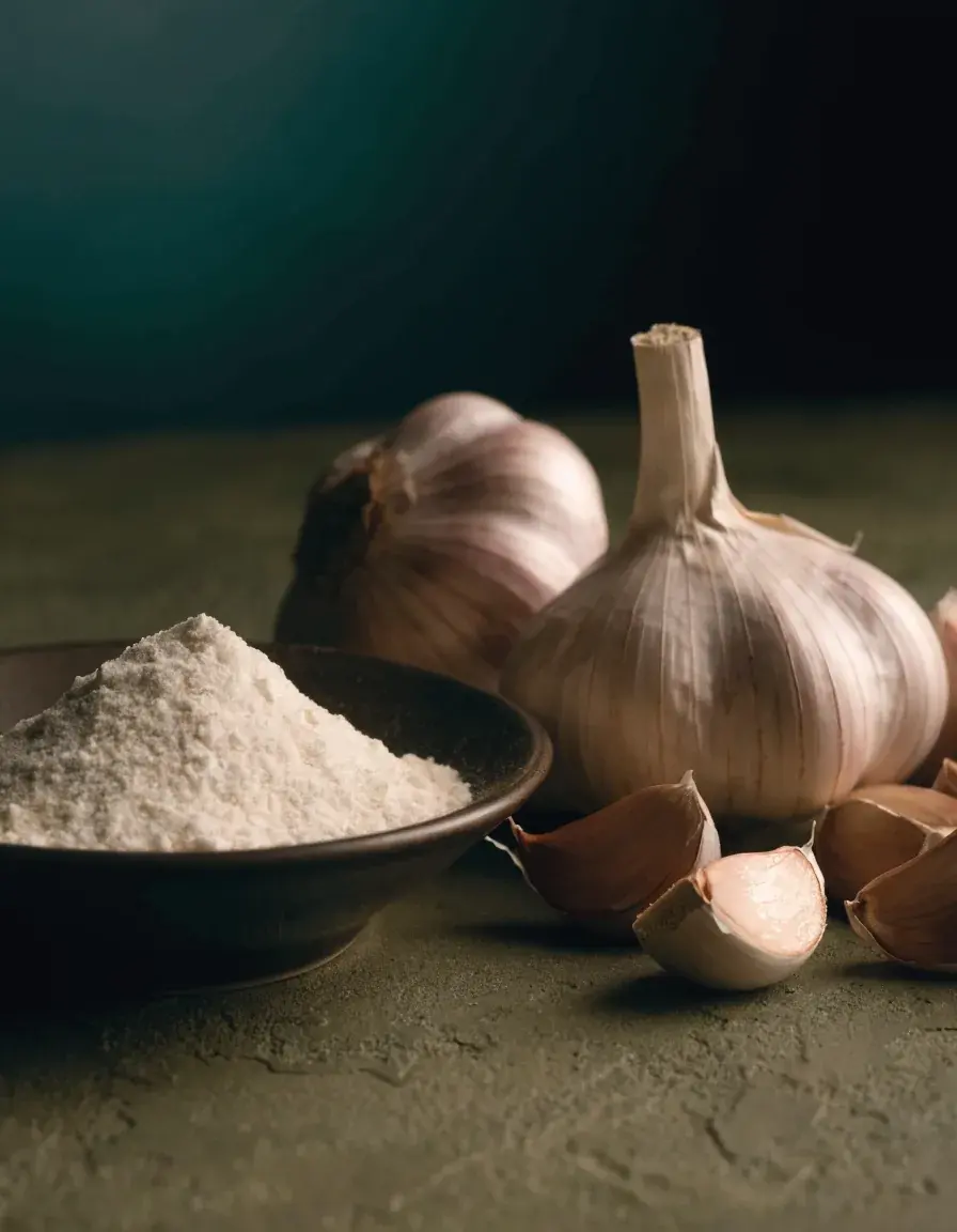 Garlic powder in a ceramic bowl beside whole garlic bulbs